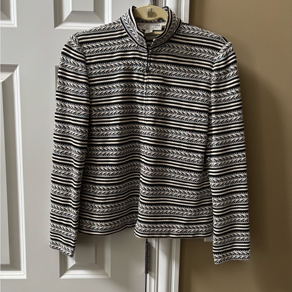 St. John Sport by Marie Gray Black & White Striped Zip-Up Sweater